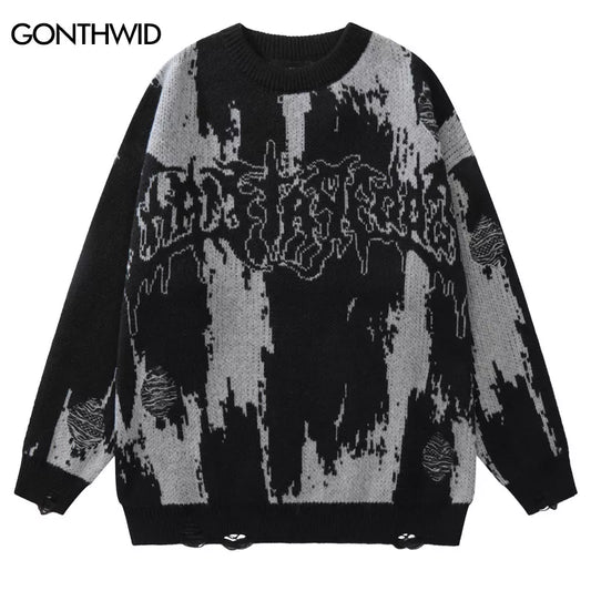 Hip Hop Ripped Sweaters Grunge Y2K Vintage Knitted Punk Gothic Streetwear Jumpers Men Women Harajuku Fashion Pullover