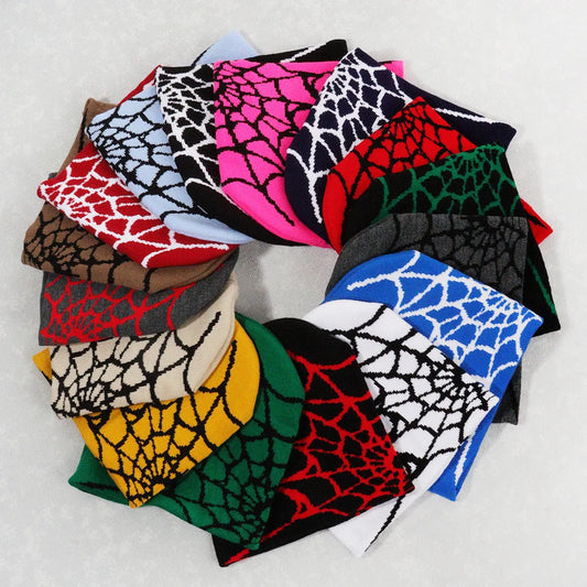 Fashion Knitting Spider Web Design Hat for Men Women Pullover Pile Cap Y2k Goth Warm Beanie Hats New Hip-hop Street Cap
